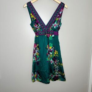 H&M Women's Colorful Floral V Neck Sleeveless A Line Dress Purple Green Size 2